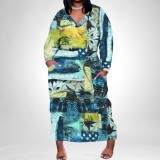 1 Piece Custom Casual Print Long Sleeve Plus Size Maxi Dress