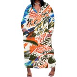 1 Piece Custom Casual Print Long Sleeve Plus Size Maxi Dress
