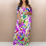 1 Piece Custom Casual Print Off Shoulder Long Dress
