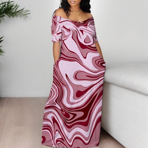 1 Piece Custom Casual Print Off Shoulder Long Dress