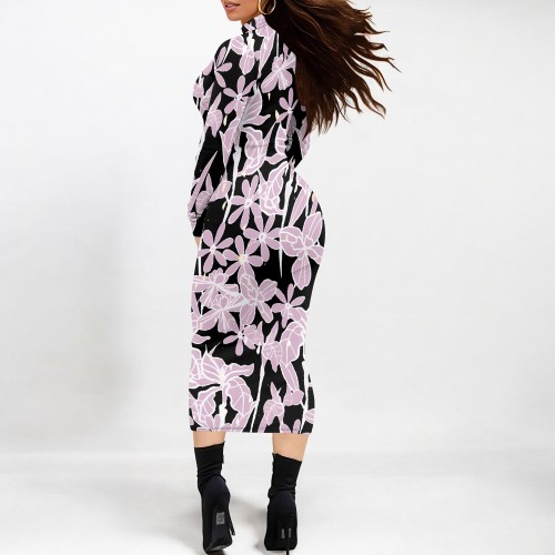 1 Piece Custom Casual Print High Neck Mid Dress