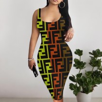 1 Piece Custom Casual Print Sleeveless Midi Dress