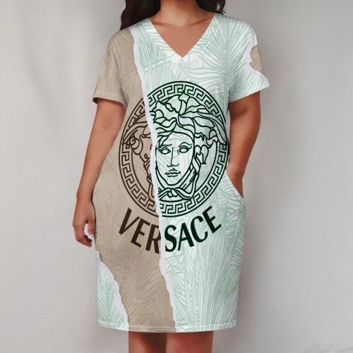 1 Piece Custom Casual Print V Neck Plus Size Midi Dress