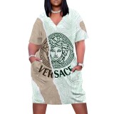 1 Piece Custom Casual Print V Neck Plus Size Midi Dress