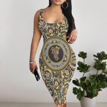 1 Piece Custom Casual Print Sleeveless Midi Dress