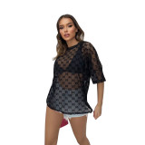 Sexy Transparent Letter Drop Shoulder Mesh T-shirt