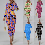 1 Custom Casual Print Long Sleeve Mid Dresses