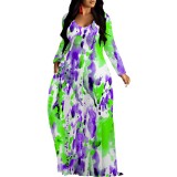 1 Custom Casual Print Long Sleeve V Neck Maxi Dress