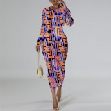 1 Custom Casual Print Long Sleeve Mid Dresses