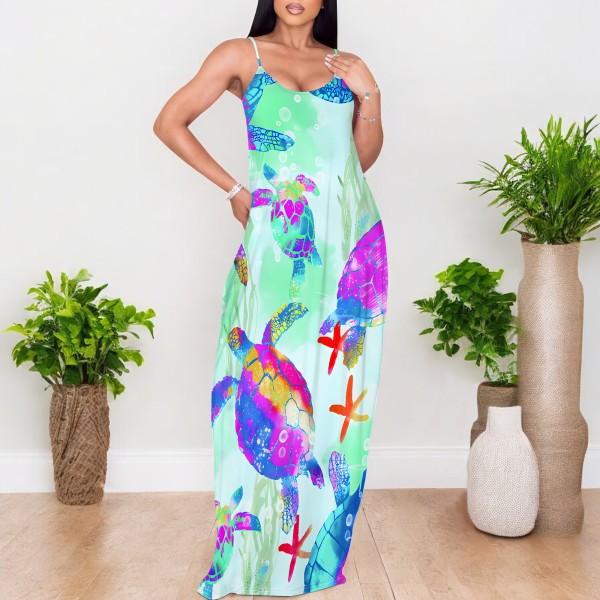 1 Custom Casual Print Straps Long Dress