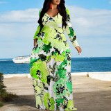 1 Custom Casual Print Long Sleeve V Neck Maxi Dress
