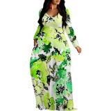 1 Custom Casual Print Long Sleeve V Neck Maxi Dress