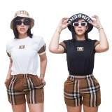 New Plaid Embroidery Fashion Women's Short Sleeve Set
