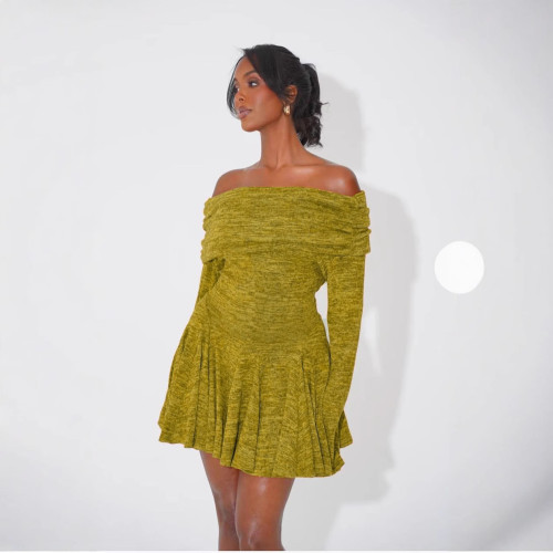 Dark Yellow Off-shoulder Knit Pleated Dress