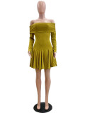 Dark Yellow Off-shoulder Knit Pleated Dress