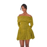 Dark Yellow Off-shoulder Knit Pleated Dress