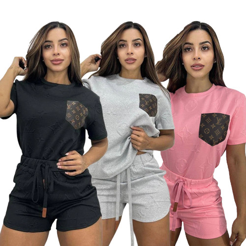 Casual Women's Embossed Short Sleeve Shorts Outfits