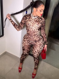Sexy Leopard Zipper Print Knit Jumpsuit