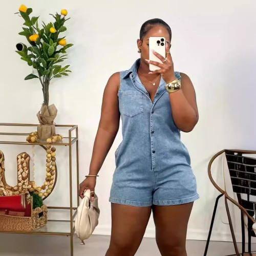 Solid Lapel Sleeveless Button Up Short Denim Stretch Single-breasted Rompers
