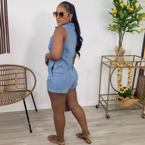Solid Lapel Sleeveless Button Up Short Denim Stretch Single-breasted Rompers