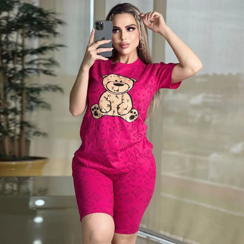 Fashion Printed Bear Letter Short Sleeve Short Set