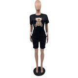Fashion Printed Bear Letter Short Sleeve Short Set