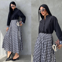 Elegant Printed Long Sleeve Shirt Long Skirt Set