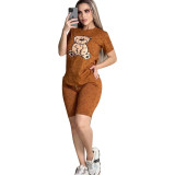 Fashion Printed Bear Letter Short Sleeve Short Set