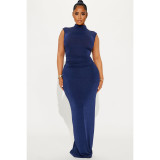 Solid Sleeveless Half Turtleneck High Elastic Ruched Maxi Dress
