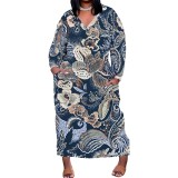 1 Custom Casual Printed Long Sleeve V Neck Plus Size Maxi Dress