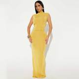 Solid Sleeveless Half Turtleneck High Elastic Ruched Maxi Dress