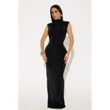 Solid Sleeveless Half Turtleneck High Elastic Ruched Maxi Dress