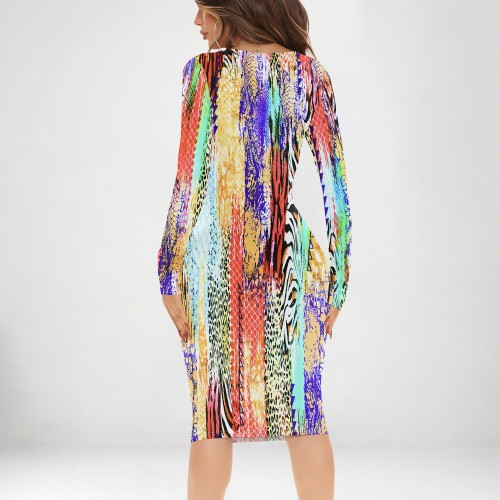 1 Custom Casual Printed Long Sleeve V Neck Midi Dress