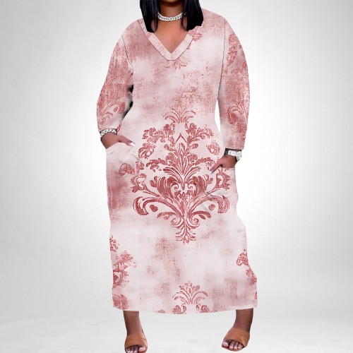 1 Custom Casual Printed Long Sleeve V Neck Plus Size Maxi Dress