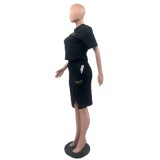 Fashion Embossed Embroidery Slit Short Sleeve Bodycon Skirt Set