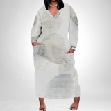 1 Custom Casual Printed Long Sleeve V Neck Plus Size Maxi Dress
