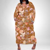 1 Custom Casual Printed Long Sleeve V Neck Plus Size Maxi Dress