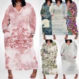 1 Custom Casual Printed Long Sleeve V Neck Plus Size Maxi Dress