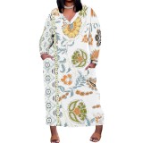 1 Custom Casual Printed Long Sleeve V Neck Plus Size Maxi Dress
