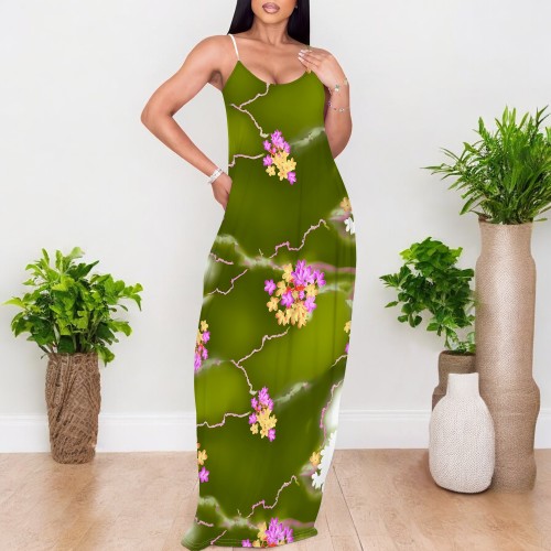 1 Custom Casual Printed Straps V Neck Long Dress
