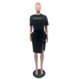 Fashion Embossed Embroidery Slit Short Sleeve Bodycon Skirt Set