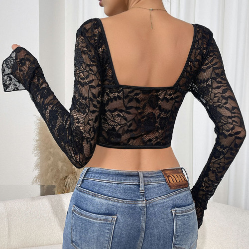 Casual Steel Ring Retro Lace Long Sleeve Sexy Floral Cropped Top