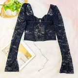Casual Steel Ring Retro Lace Long Sleeve Sexy Floral Cropped Top