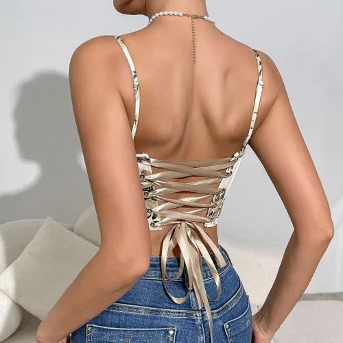 Retro Printed Floral Bra Women Floral Printed V-Neck Tube Top