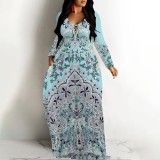 1 Custom Casual Printed Long Sleeve V Neck Long Dresses