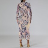 1 Custom Casual Printed Long Sleeve Scoop Neck Mid Dress