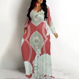 1 Custom Casual Printed Long Sleeve V Neck Long Dresses