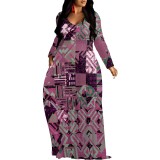 1 Custom Casual Printed Long Sleeve V Neck Long Dresses