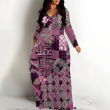 1 Custom Casual Printed Long Sleeve V Neck Long Dresses