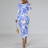 1 Custom Casual Printed Long Sleeve Scoop Neck Mid Dress